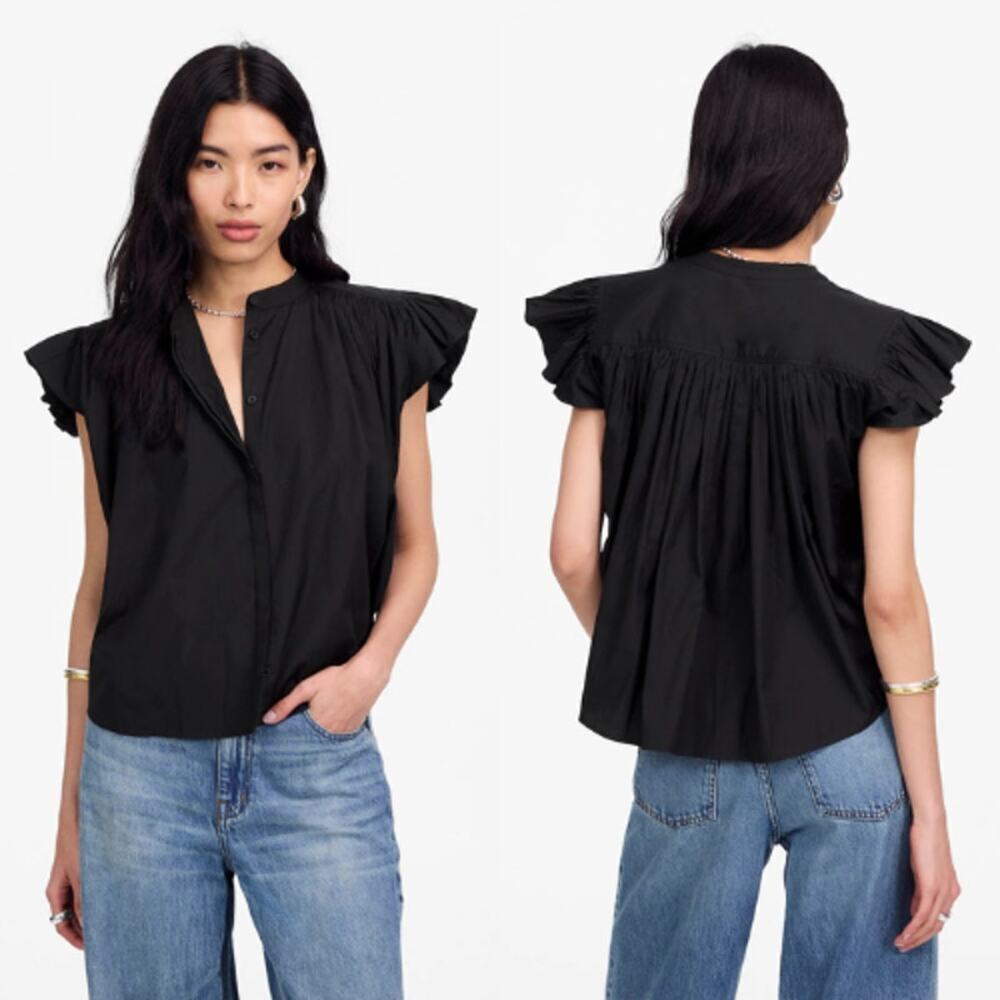 Madewell Women's Cotton Poplin Shirred Button-Up Shirt NU451 Black Size XS NWT